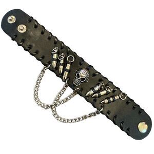 Gothic Black leather skull bullets chains Wide cuff snap bracelet streetwear